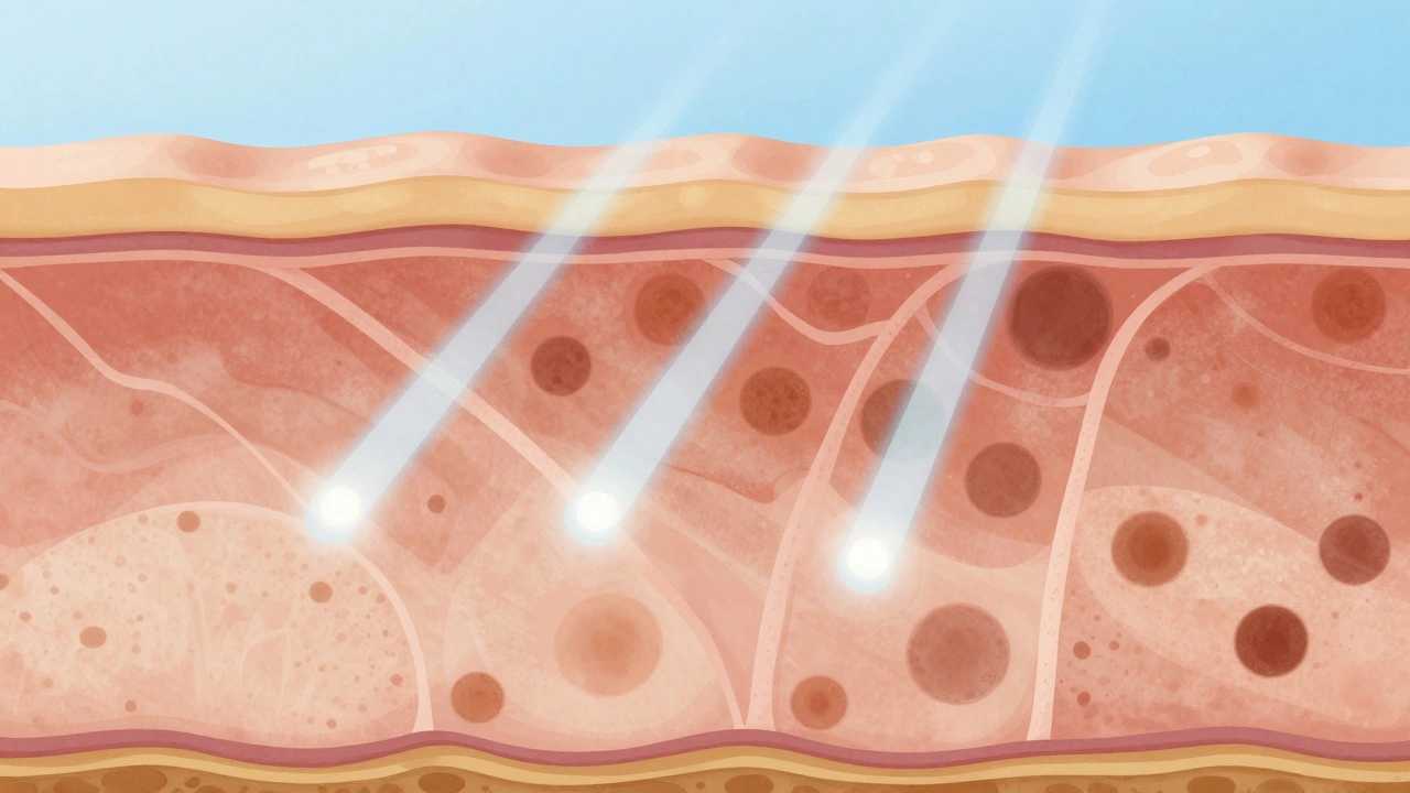 Схема кожи с разными типами пигментации и лазерными лучами, воздействующими на разные слои