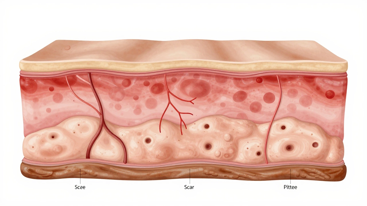 Схема трех типов следов от прыщей: пигментация, краснота и рубцы в разрезе кожи.