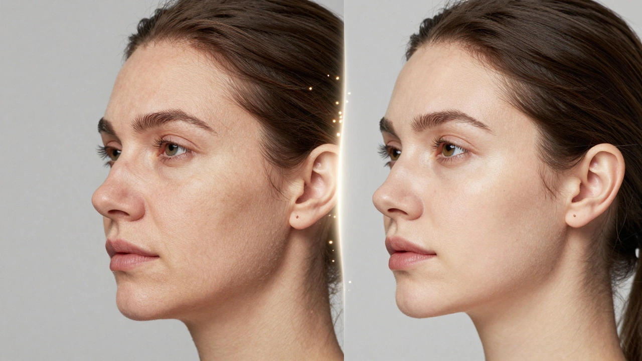 Сравнение лица до и после эстетических процедур: старение слева, омоложение справа, разделённое светящейся линией регенерации.