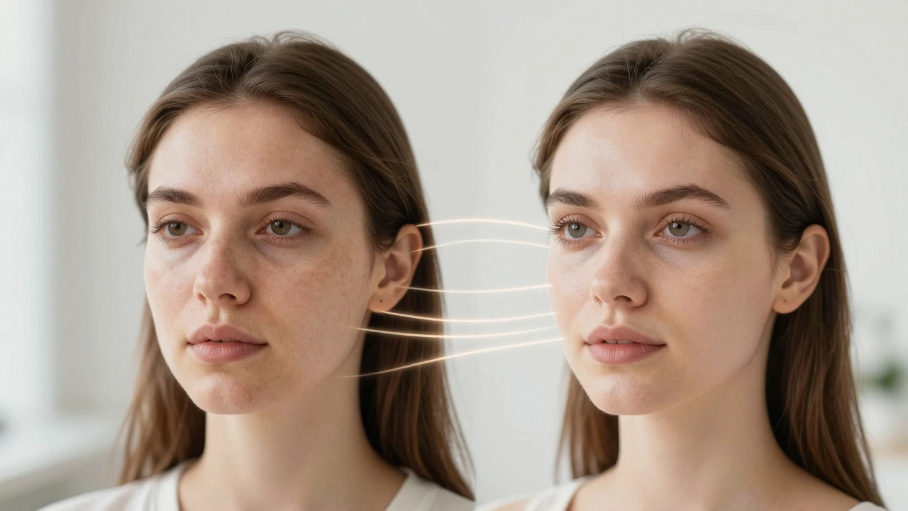 Сравнение лица до и после комбинированного ухода: от тусклости к сияющей гладкости.