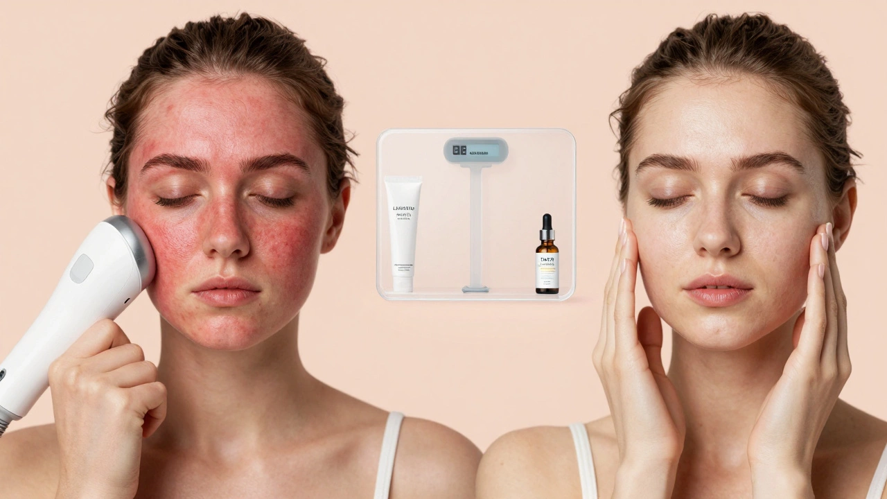 Сравнение поврежденной кожи после лазера и здоровой кожи после базового ухода с SPF.