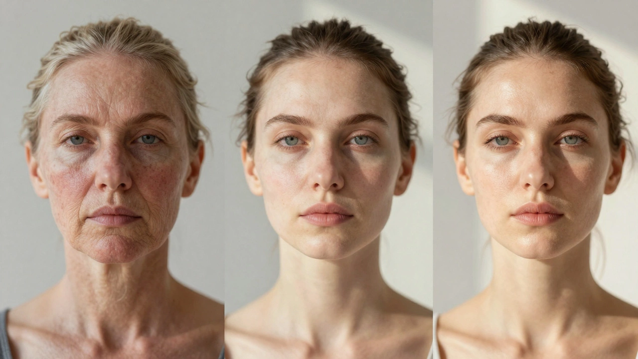 Сравнение состояния кожи до и после курса эстетических процедур: тусклая, воспалённая и сияющая кожа.