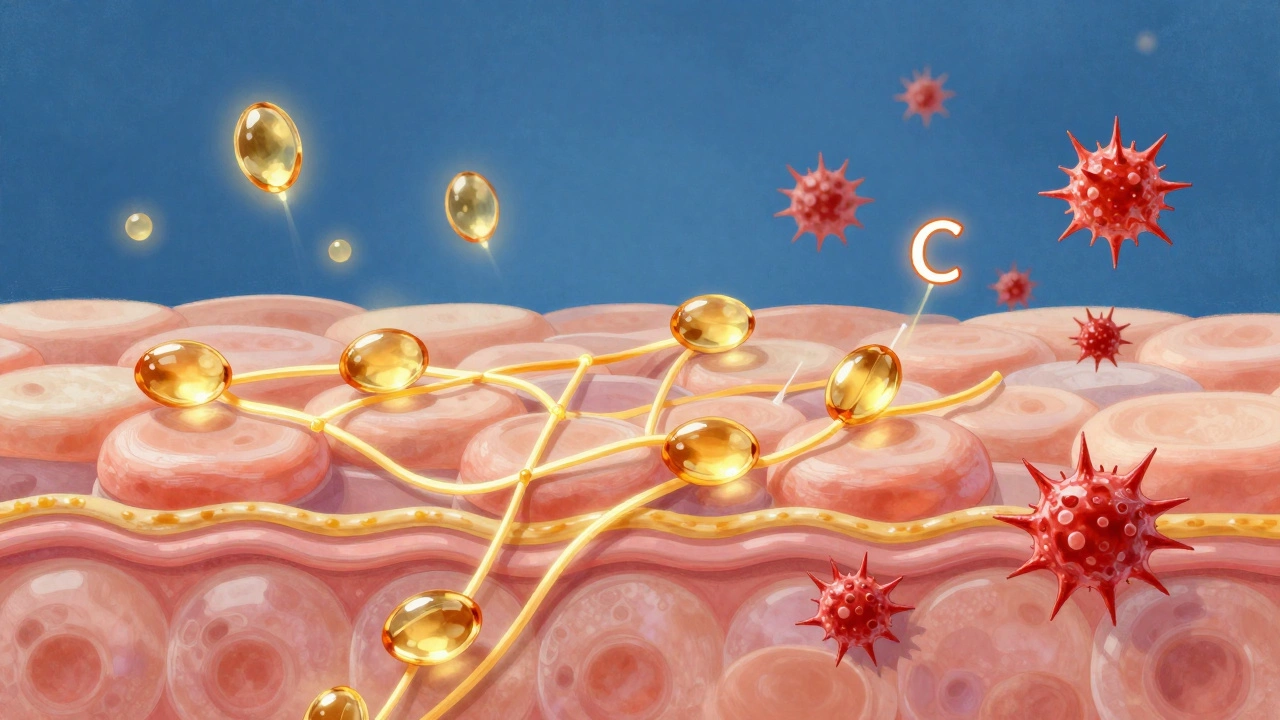 Увеличенное изображение клеток кожи, где пептиды и ретинол восстанавливают коллаген.