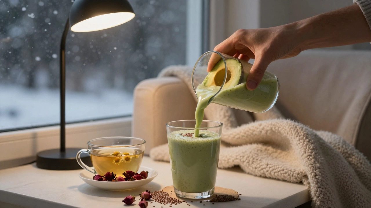 Вечерний смузи с авокадо и льняным семенем рядом с ромашковым чаем на фоне падающего снега.