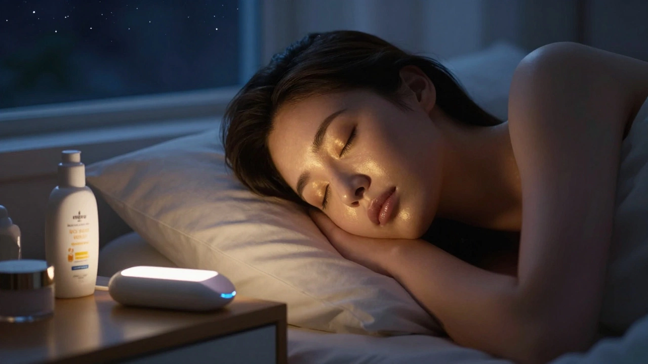 Женщина спит, ее лицо освещено мягким светом, рядом — средство SPF и крем с церамидами.