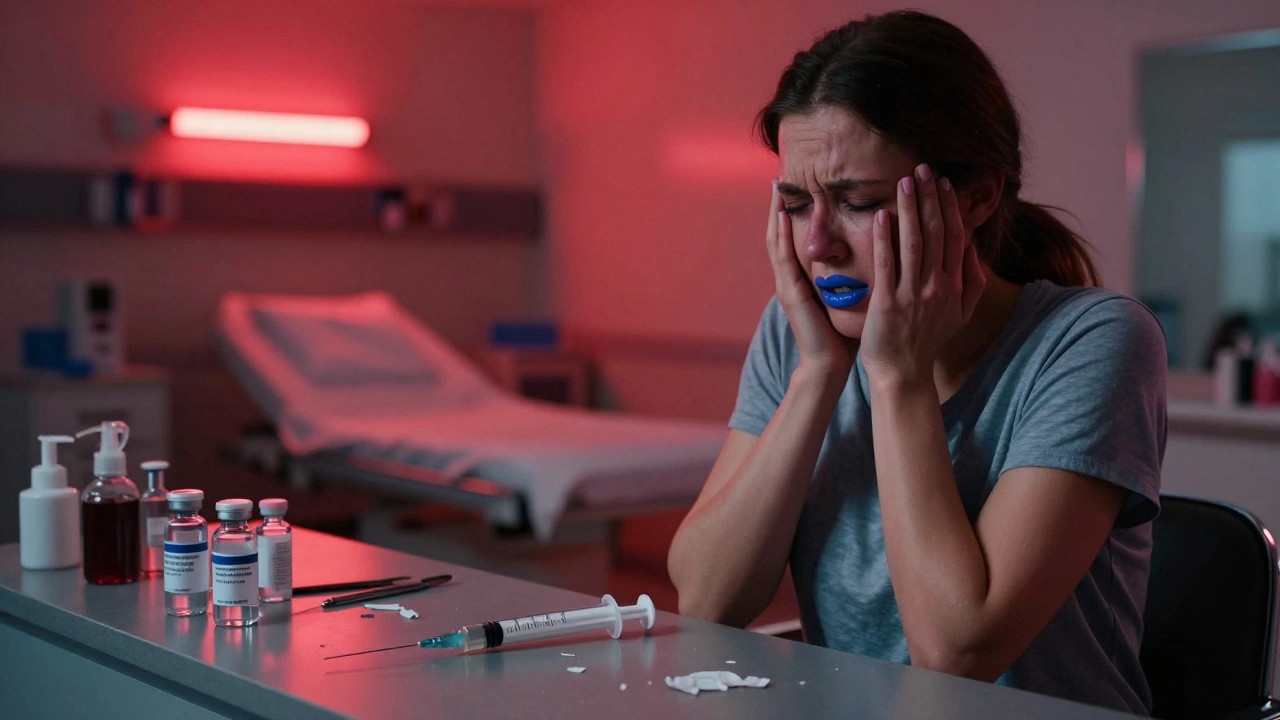 Женщина страдает от осложнений после несвоевременной процедуры: синие губы, симптомы тромбоза, нестерильные инструменты на столе.