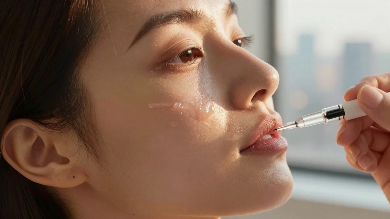 Близкий план лица с заполнением носогубных складок гиалуроновой кислотой, кожа становится упругой, теплое освещение.