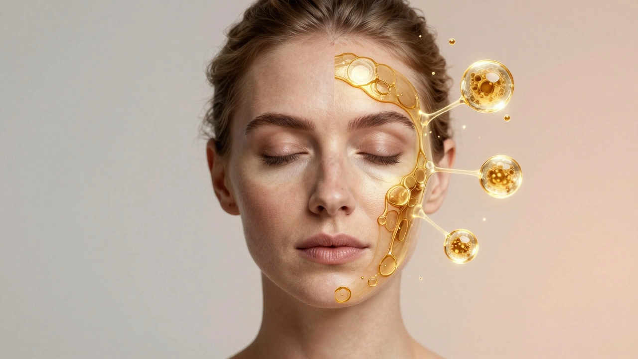 Две половины лица: стареющая слева и омоложенная справа, с визуализацией действия ретинола, пептидов и плазмы.