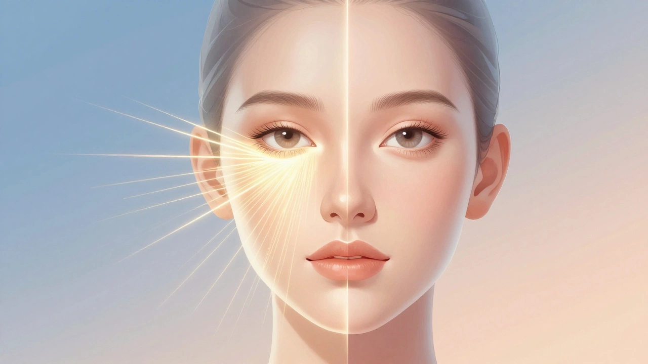 Лицо разделено на две части: одна — с подтяжкой аппаратом, другая — с заполнением филлером.