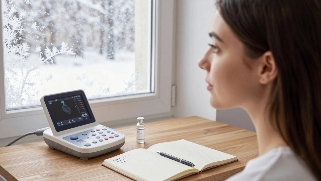 Профиль женщины с подтянутыми чертами лица на фоне зимнего окна, рядом — устройства и план ухода.