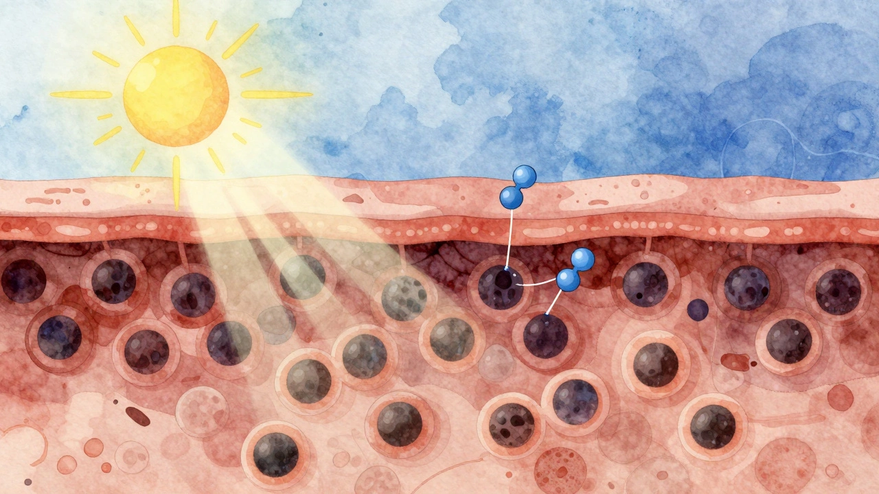 Схема кожи с клетками меланоцитов, активируемыми солнцем и гормонами