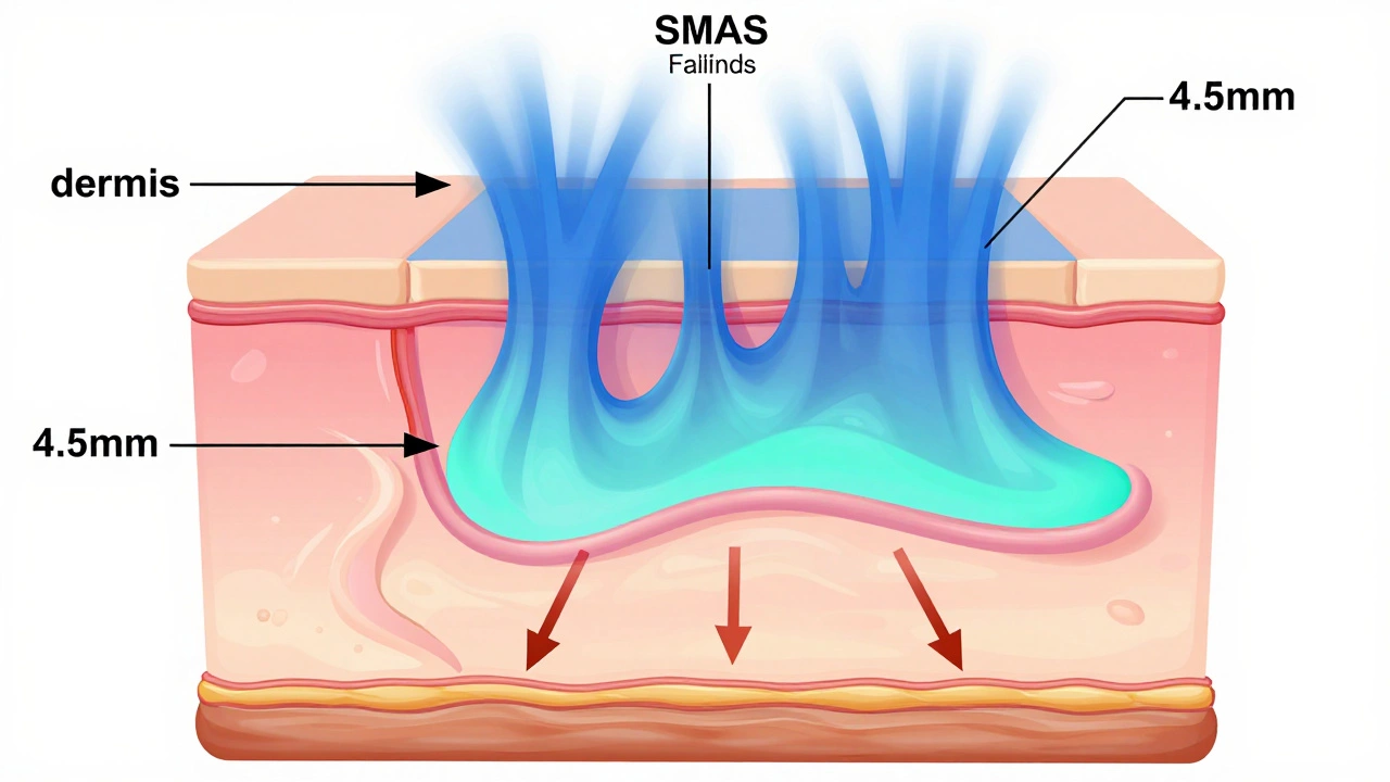 Схема ультразвукового воздействия на глубокие слои кожи, стимулирующее образование коллагена.