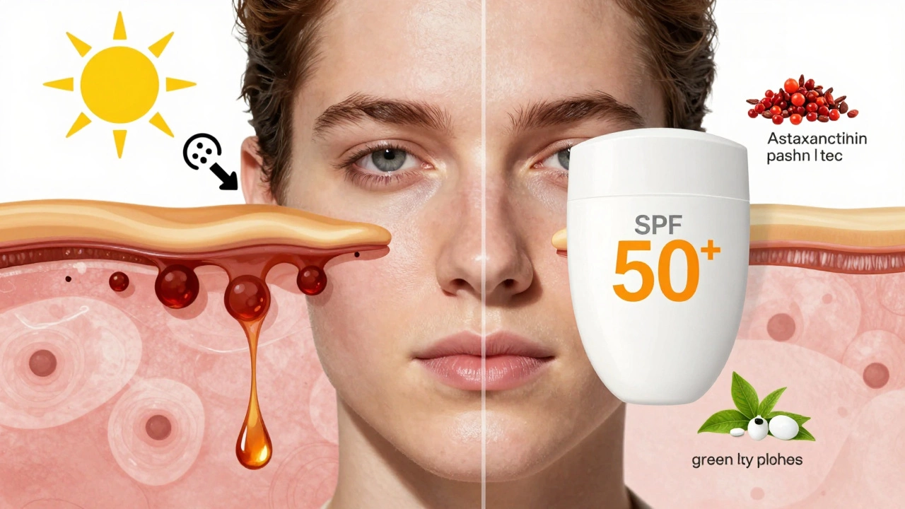 Схематичное изображение лица: одна половина — с пигментацией под воздействием солнца и стресса, другая — после лечения и защиты.