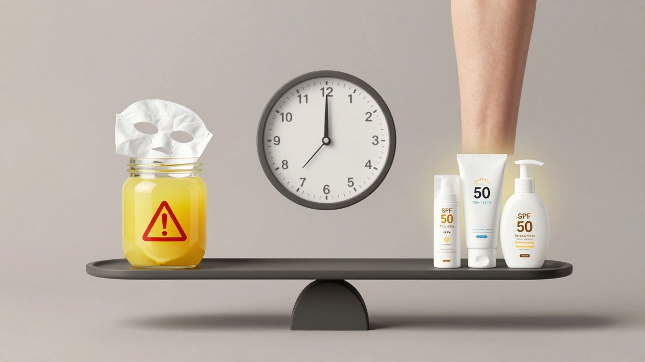 Сравнение опасных домашних средств и научно обоснованного ухода с защитой от солнца на весах.