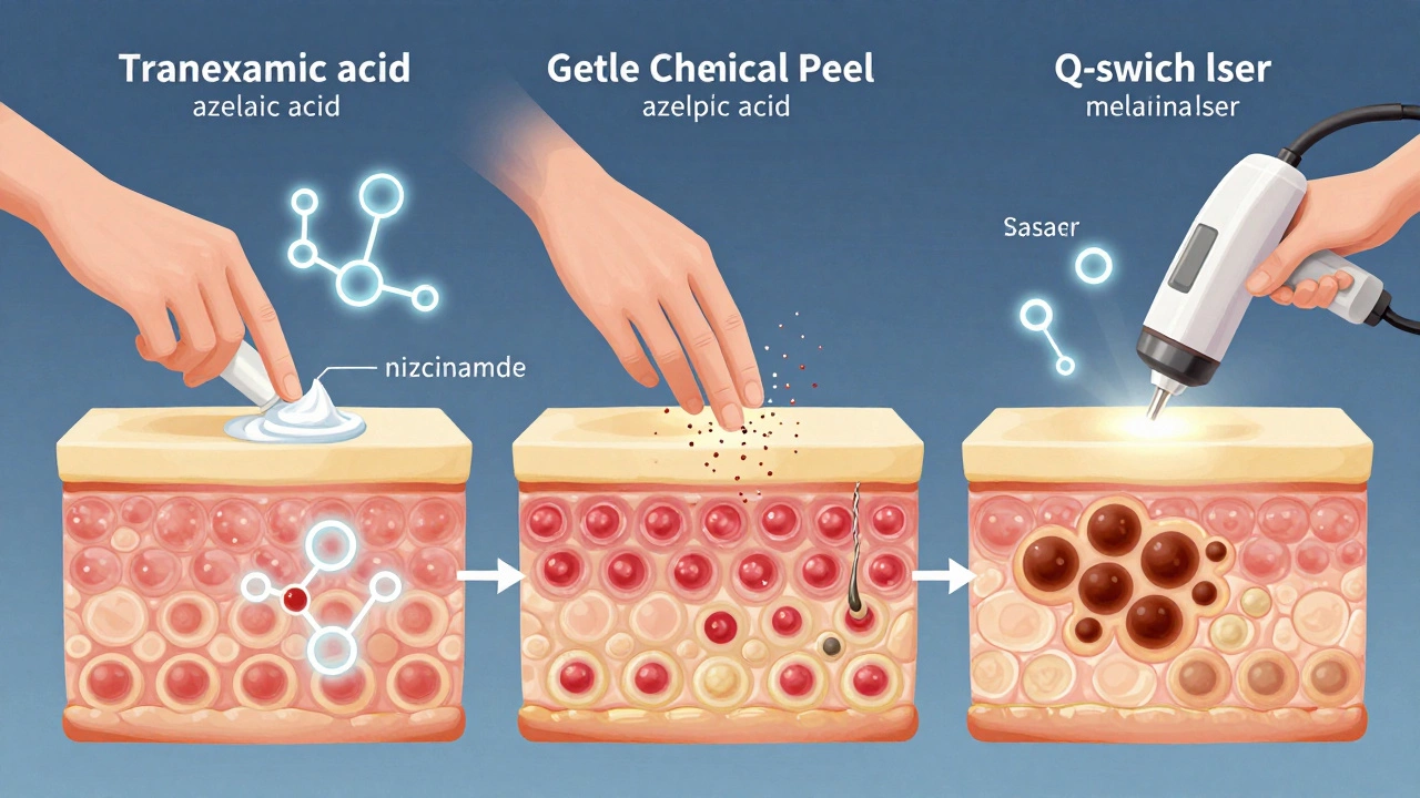 Трехэтапный процесс лечения пигментации: крем, химический пилинг и лазерная терапия с молекулярными элементами.