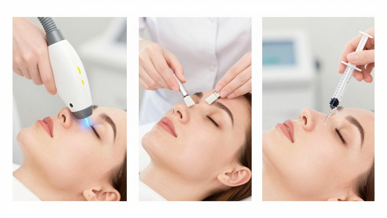 Три метода лечения пигментации: лазер, химический пилинг и мезотерапия в медицинском стиле.