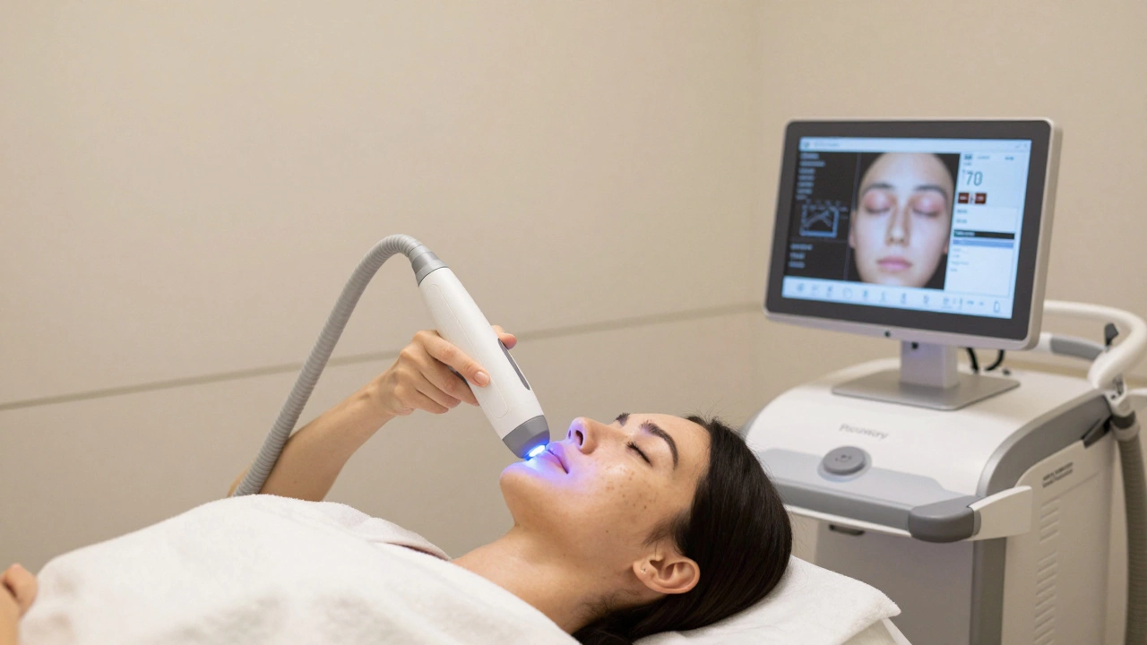 В дерматологической клинике пациентка проходит лечение пикосекундным лазером для удаления пигментации.