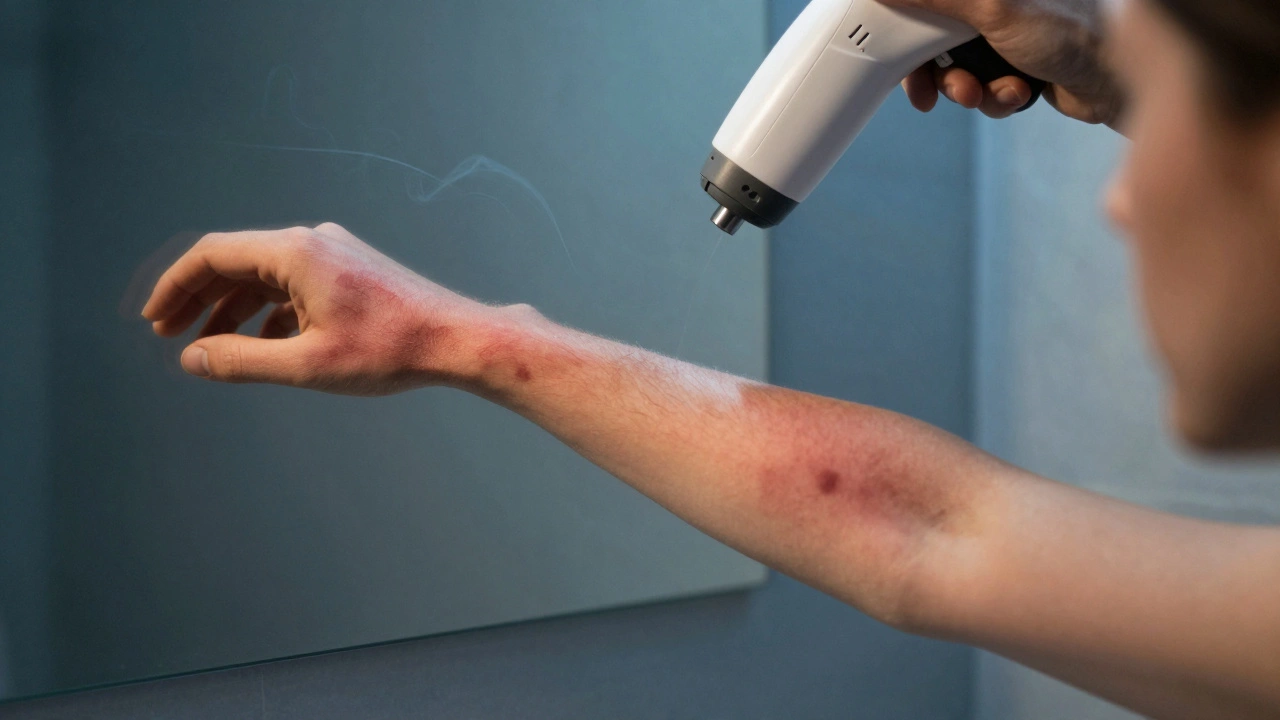 Загорелая рука с темными пятнами в зеркале, лазерный прибор на заднем плане