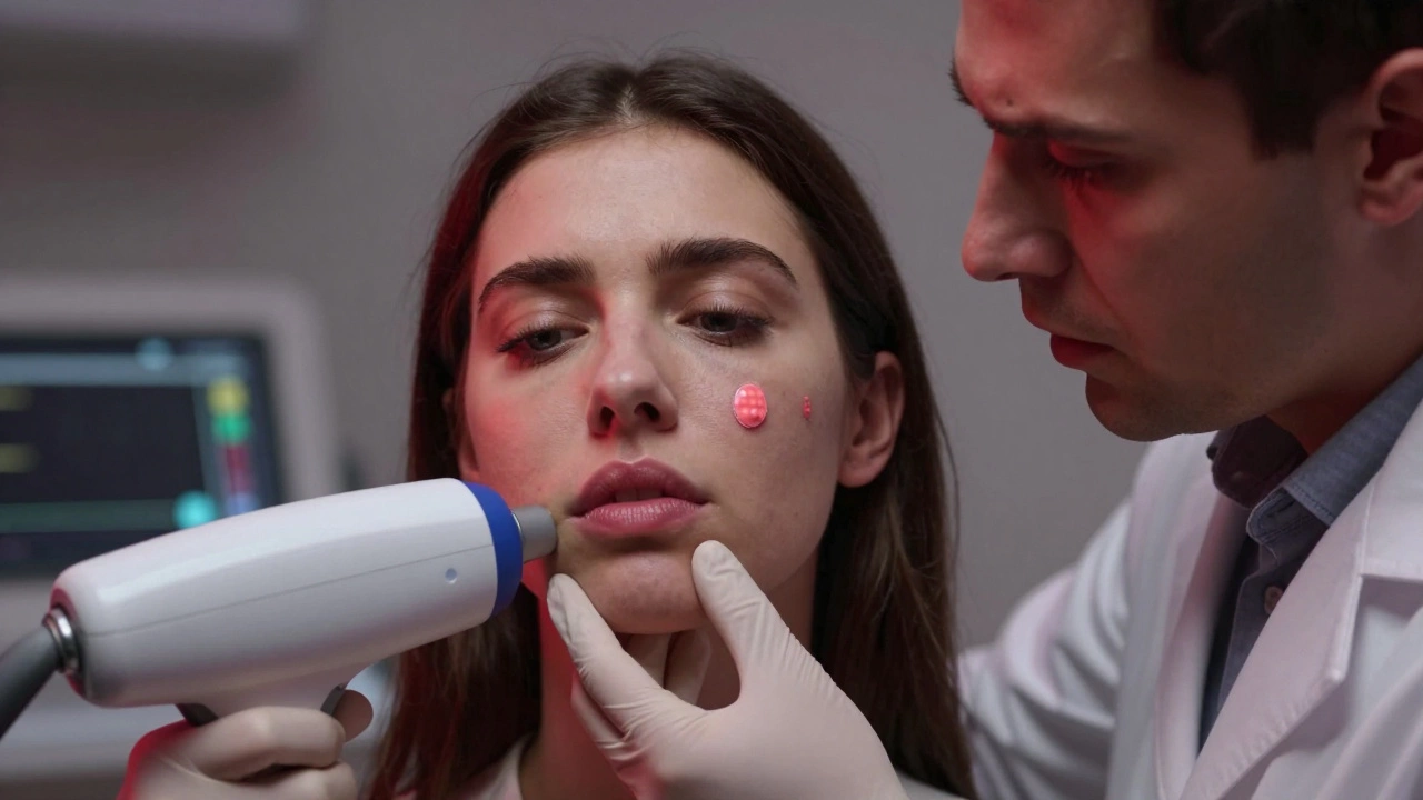 Женщина с активным герпесом на губе, врач осматривает лицо