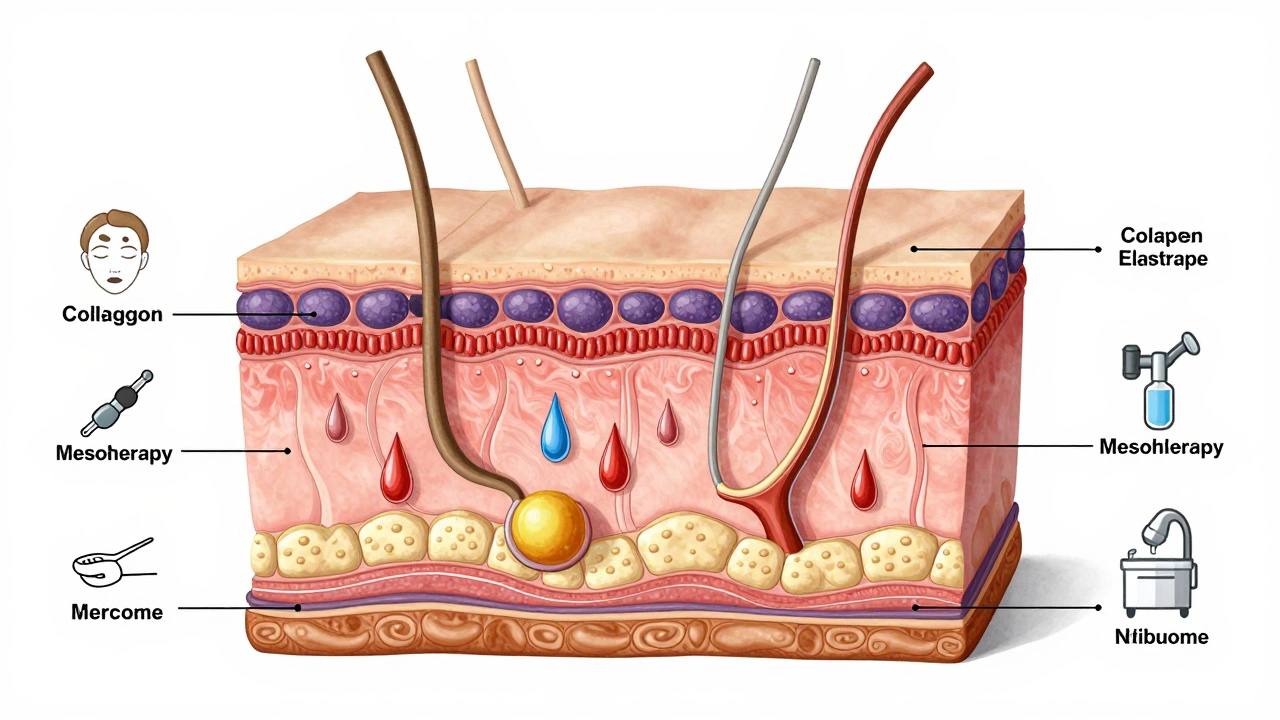 Анатомическое сечение кожи с обозначенными слоями, коллагеном, эластином и процедурами лечения.