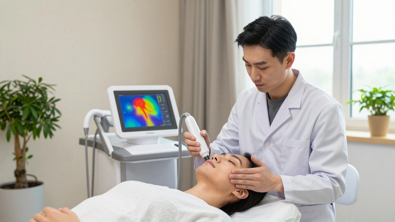 Дерматолог использует аппарат Q-Spuls с реальным тепловым мониторингом для безопасного удаления пигментации.