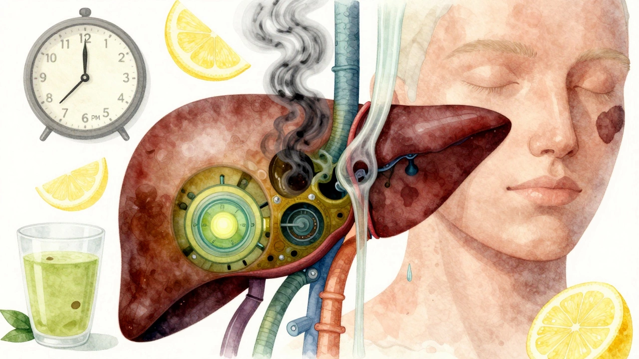 Художественное изображение печени как фильтра, очищающего токсины и восстанавливающего цвет кожи.