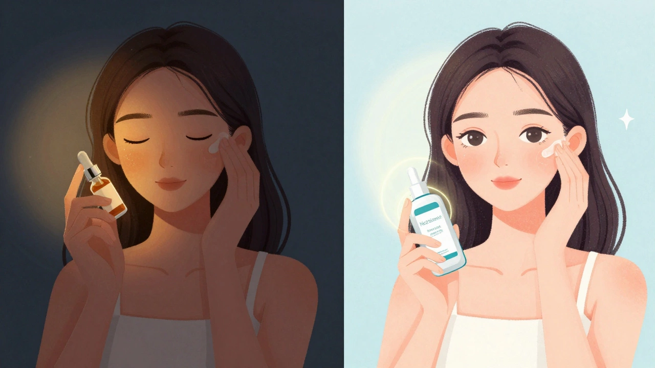 Иллюстрация ухода за кожей: ночная ретинол-процедура и дневной уход с ниацинамидом и пантенолом, мягкие световые ореолы вокруг продуктов.
