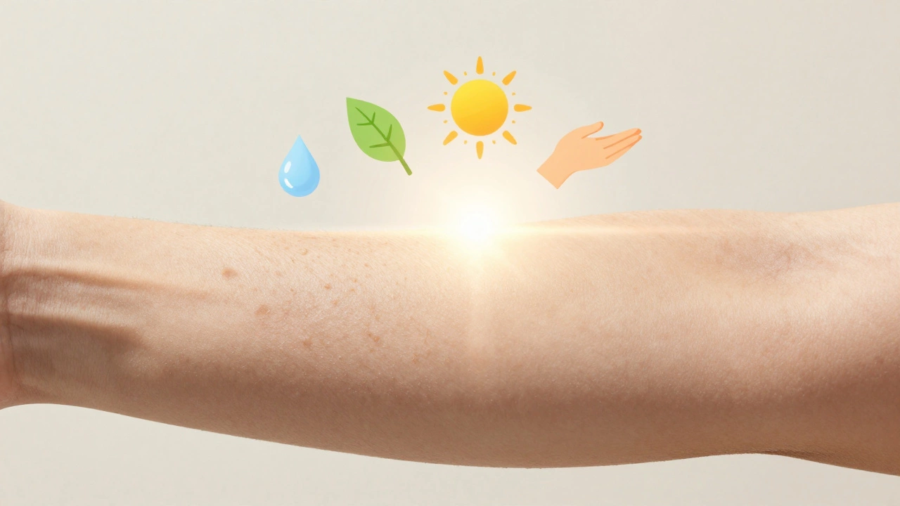 Контраст между тусклой и сияющей кожей, над ними символы ухода: капля, лист, солнце, рука — без текста.