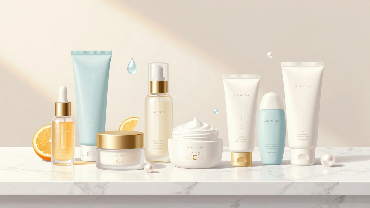 Набор средств для ухода за кожей на мраморной поверхности