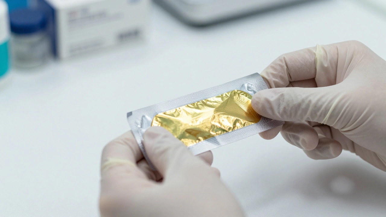 Перчатки инспектируют упаковку препарата с защитной голограммой на столе.