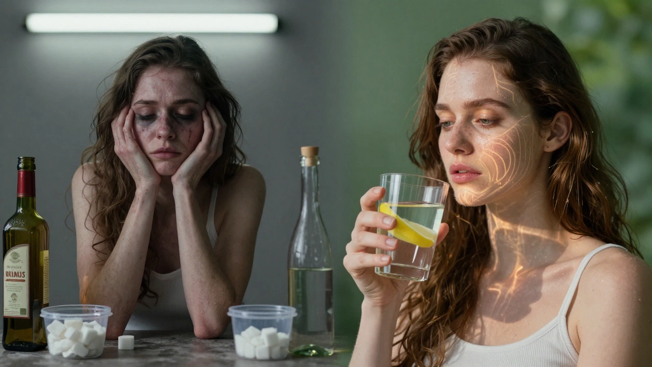 Разделённый портрет: одна половина — с тусклой кожей и токсинами, другая — с сияющей кожей и здоровыми привычками.