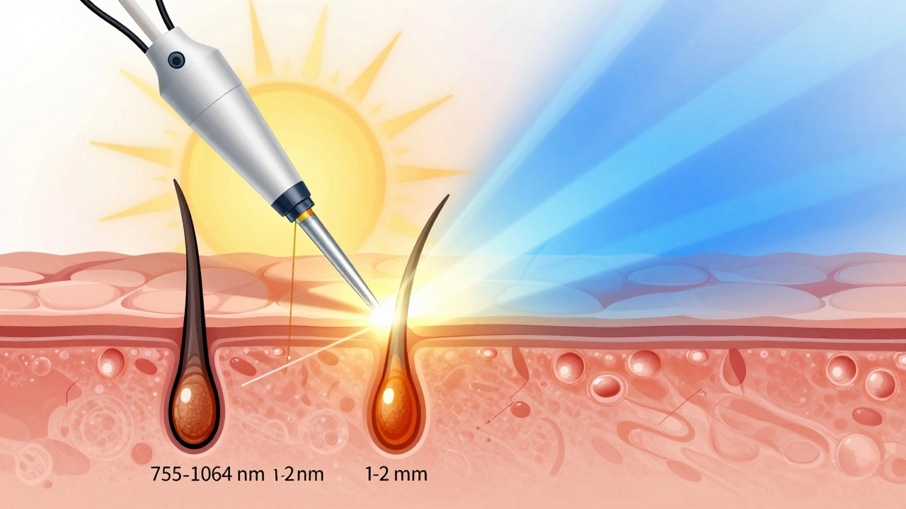 Схема проникновения лазерного света в кожу vs солнечного УФ-излучения.
