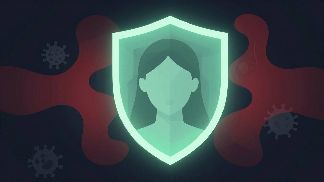 Символический щит защищает силуэт лица от абстрактных медицинских угроз.