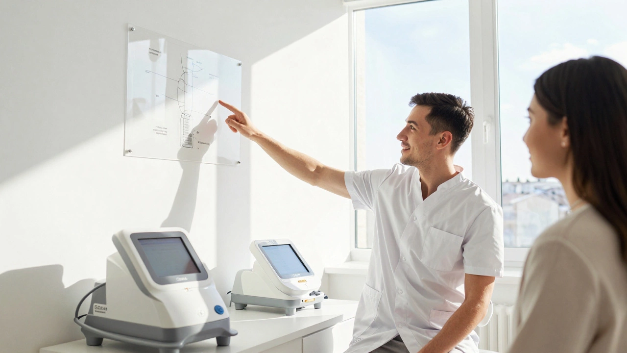 Специалист объясняет принцип лазерной эпиляции пациентке в клинике Санкт-Петербурга.