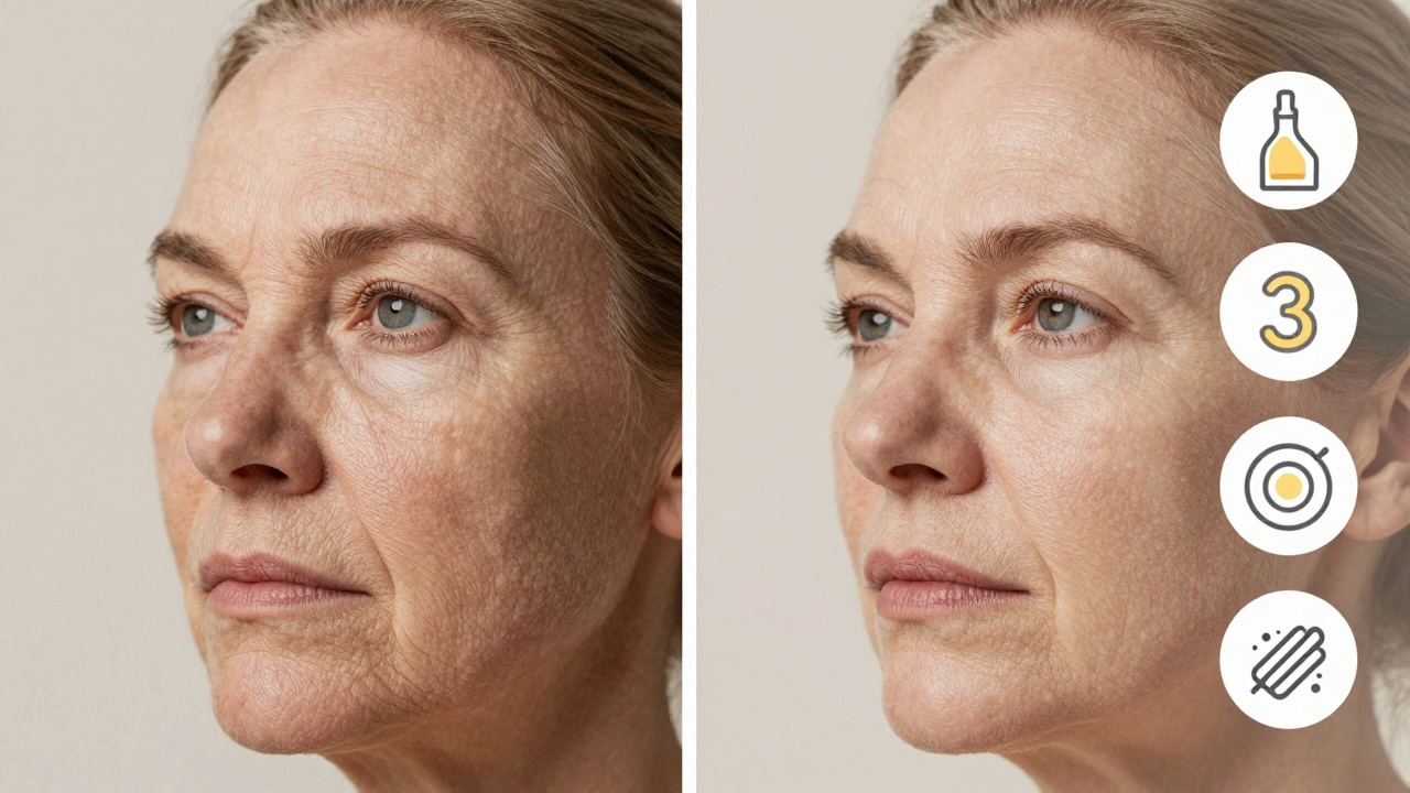 Сравнение стареющей кожи до и после регулярного ухода с ключевыми ингредиентами.