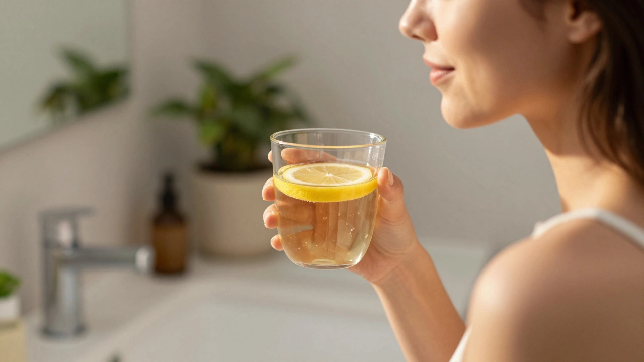 Утренний ритуал: человек держит чашку с теплой водой и лимоном.