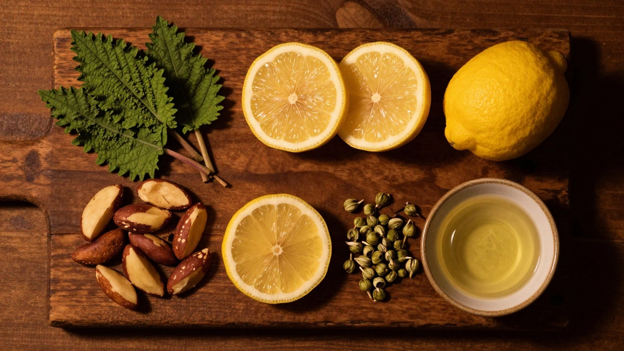 Вид сверху на полезные продукты: лимоны, орехи и травы на столе.