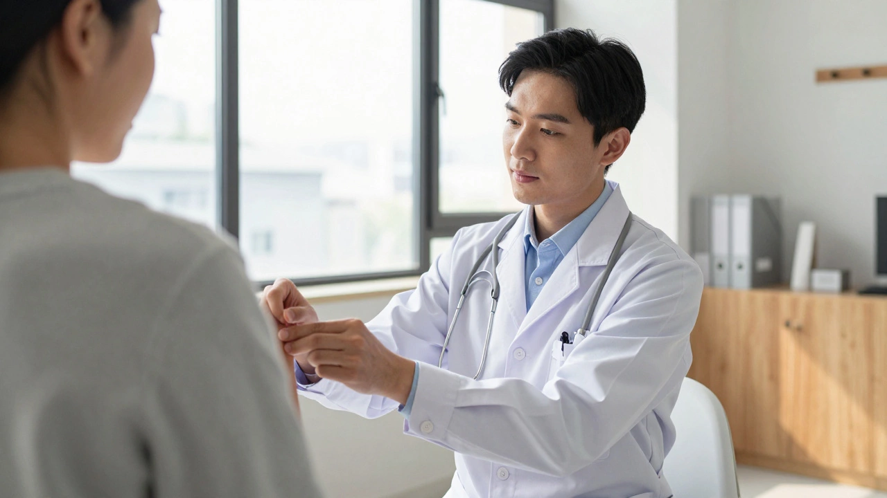 Врач дерматолог консультирует пациента в кабинете