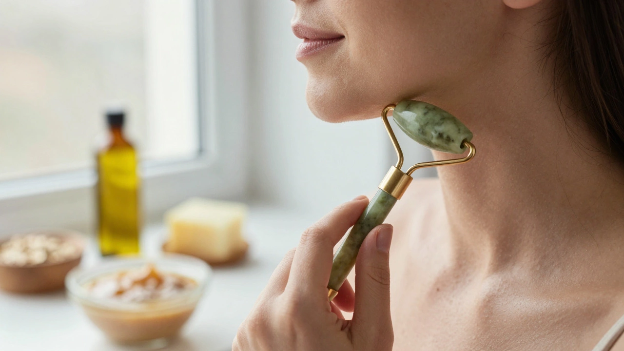 Женщина использует нефритовый ролик для массажа лица с медово-овсяной маской.