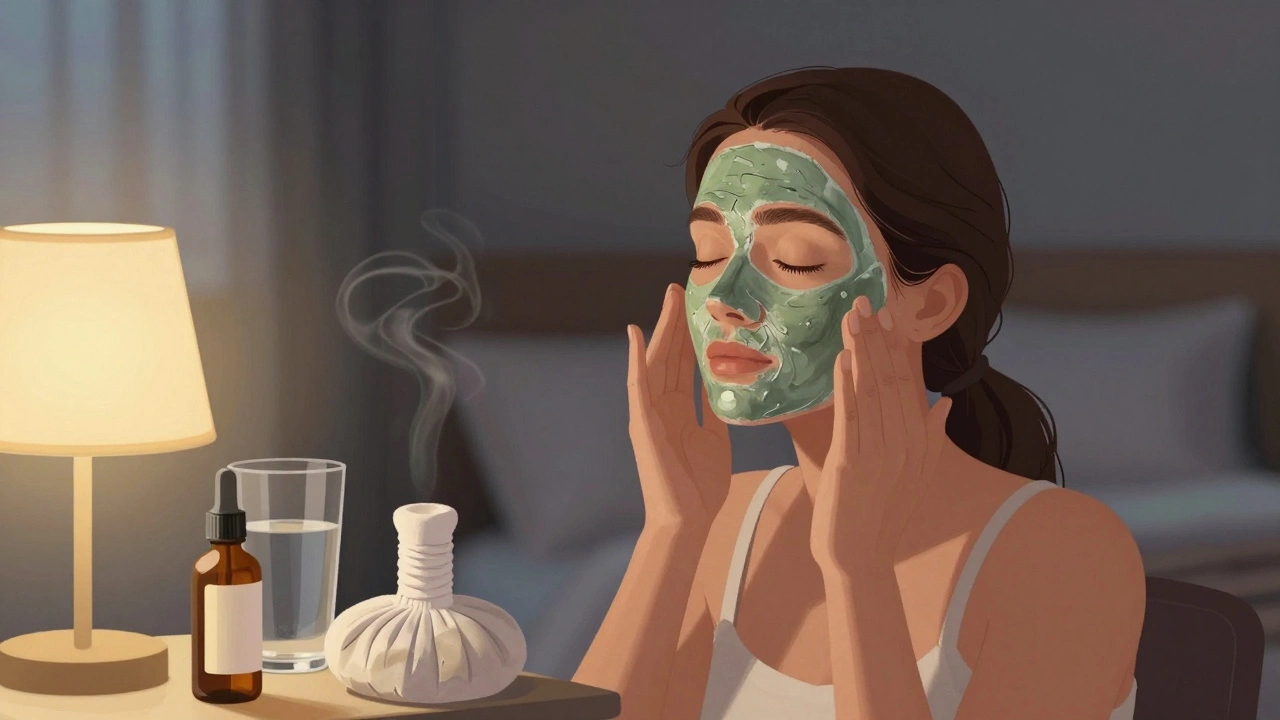 Женщина наносит глиняную маску на лицо вечером, рядом лежат сыворотка и полотенце, тёплый свет лампы.