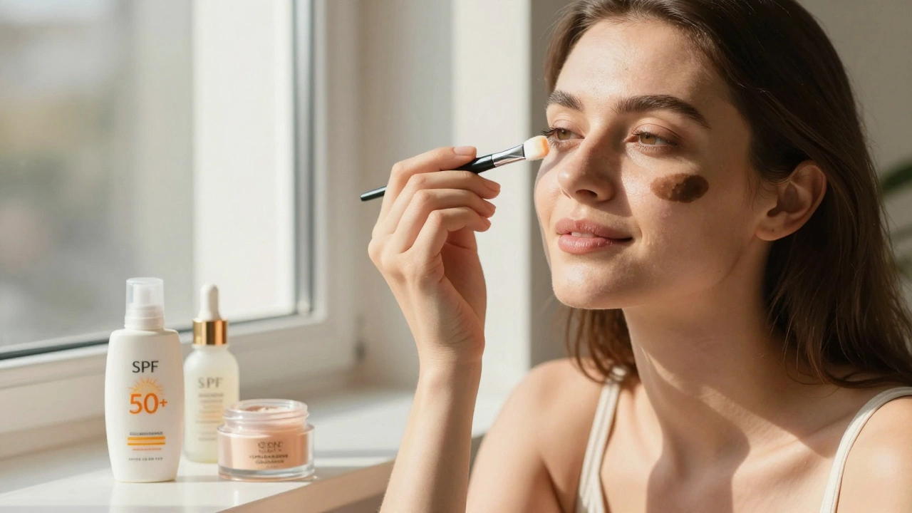 Женщина наносит корректор на пятно, рядом — солнцезащитный крем и сыворотка с ниацинамидом.