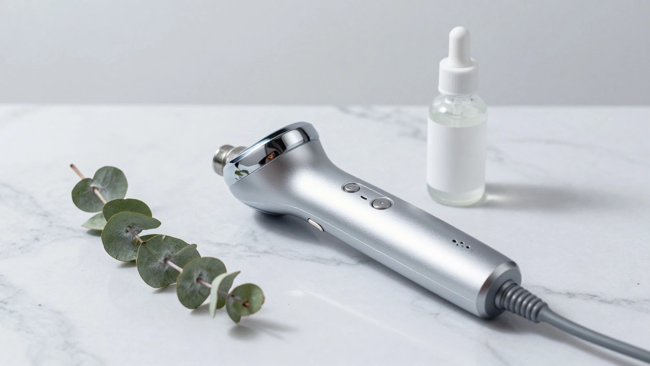 Домашний микротоковый стимулятор и сыворотка на мраморном столе