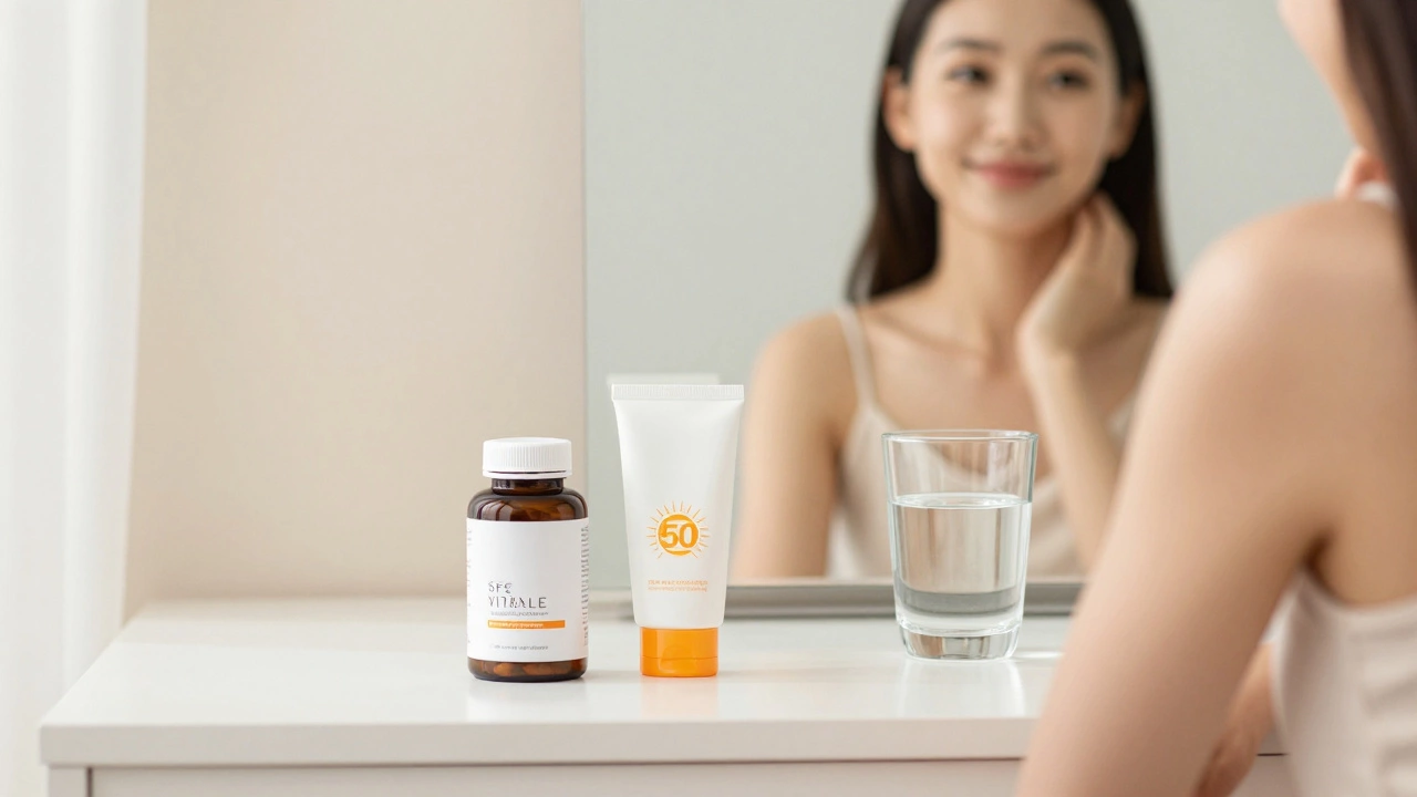 Набор для ухода за кожей: витамины и солнцезащитный крем на столе