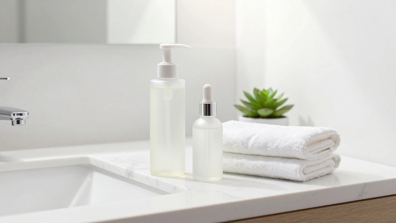 Набор некомедогенных средств по уходу за кожей на мраморном столе в светлой ванной