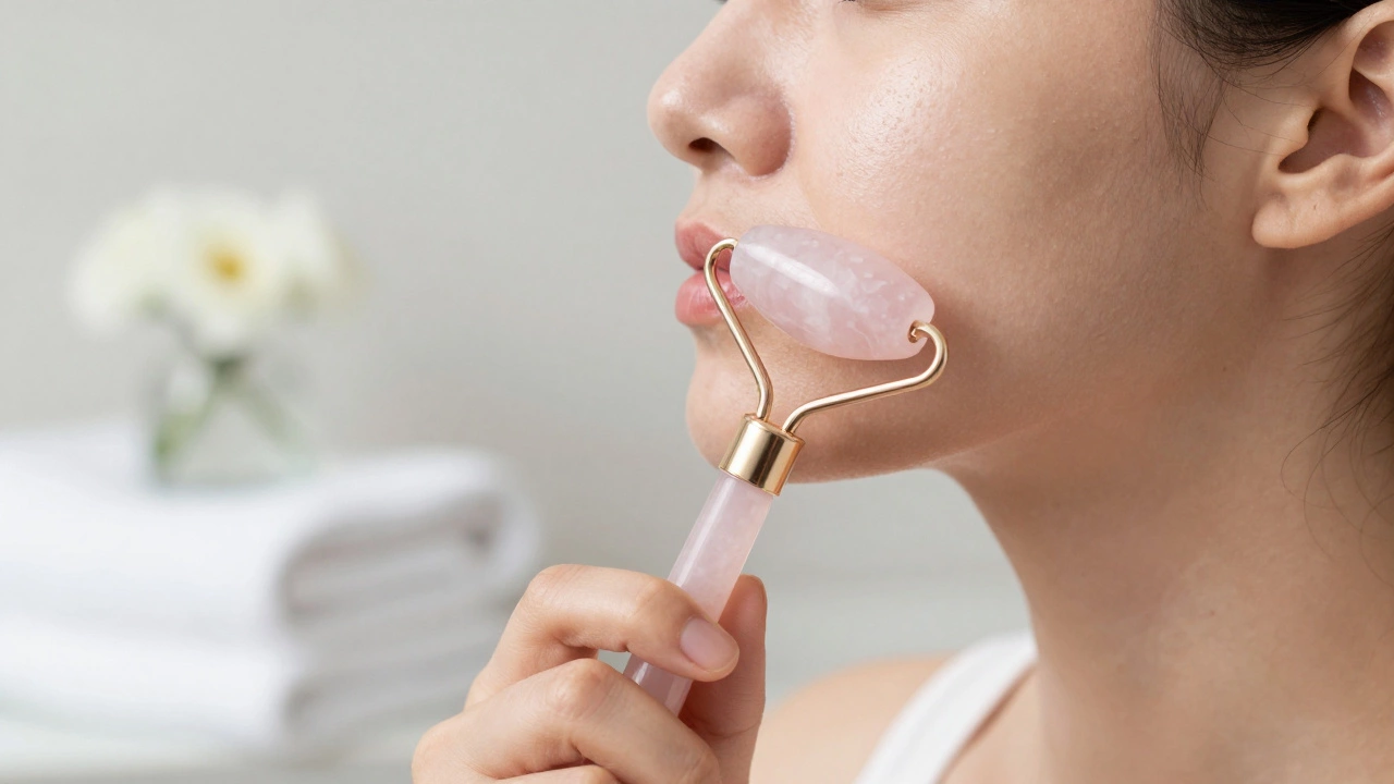 Процесс массажа лица кварцевым роллером для лимфодренажа