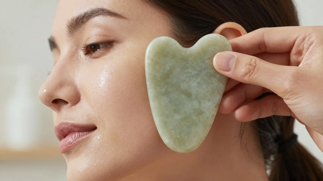 Процесс массажа лица скребком Гуаша из нефрита с использованием масла