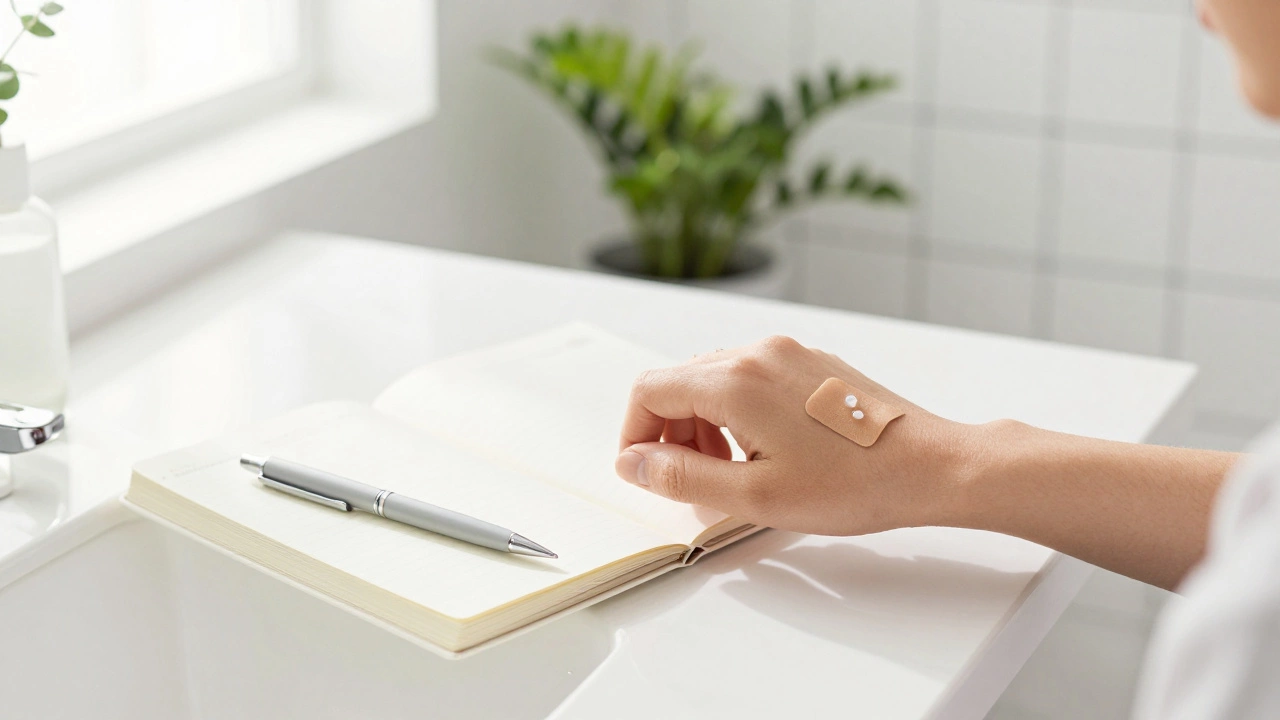 Процесс проведения патч-теста на коже руки рядом с дневником ухода за собой