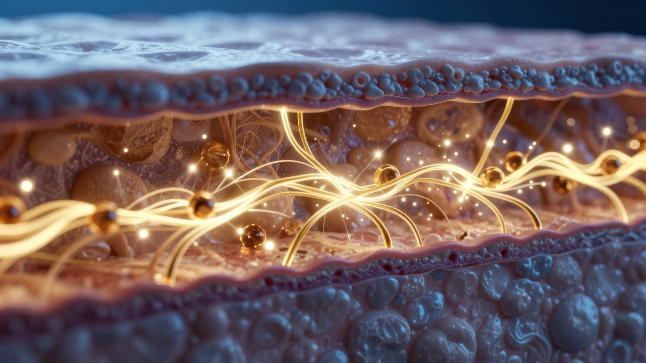 Схематичное изображение слоев кожи с процессом синтеза коллагена