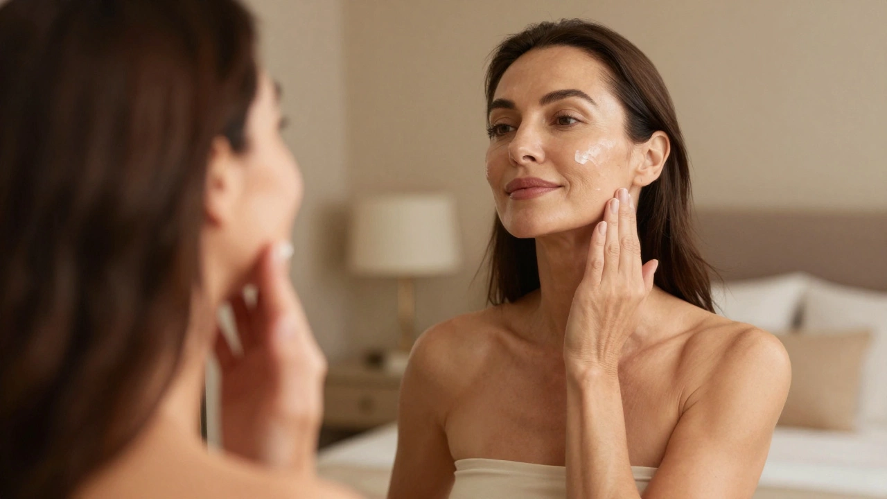 Женщина наносит уходовый крем на шею и зону декольте перед зеркалом