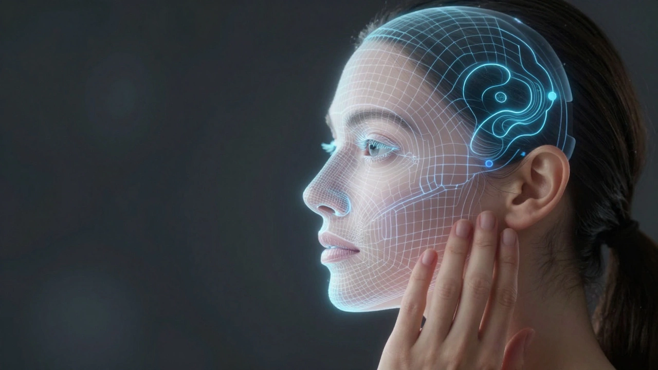 Концептуальное изображение лица с голографической 3D-моделью